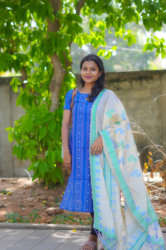 Royal Blue Puffed Sleeves Kurti with Dupatta